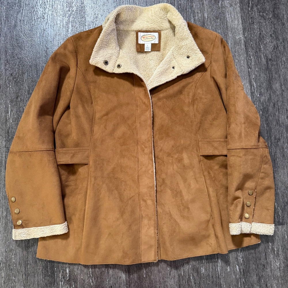 Talbots Faux Suede Jacket Women L Brown Sherpa Lined Snap Front Barn Coat Cognac